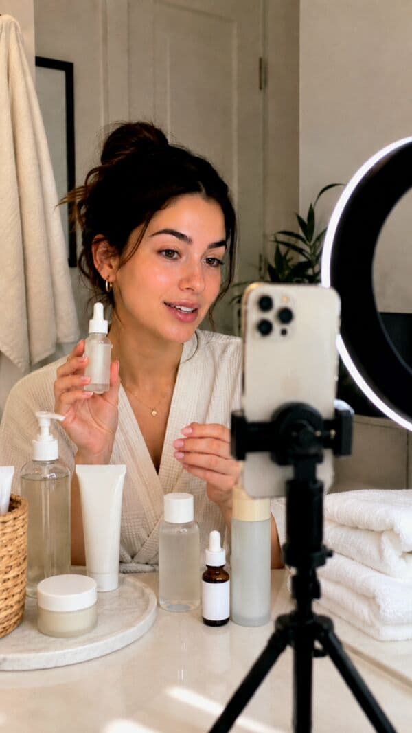 UGC skincare creator filming at home